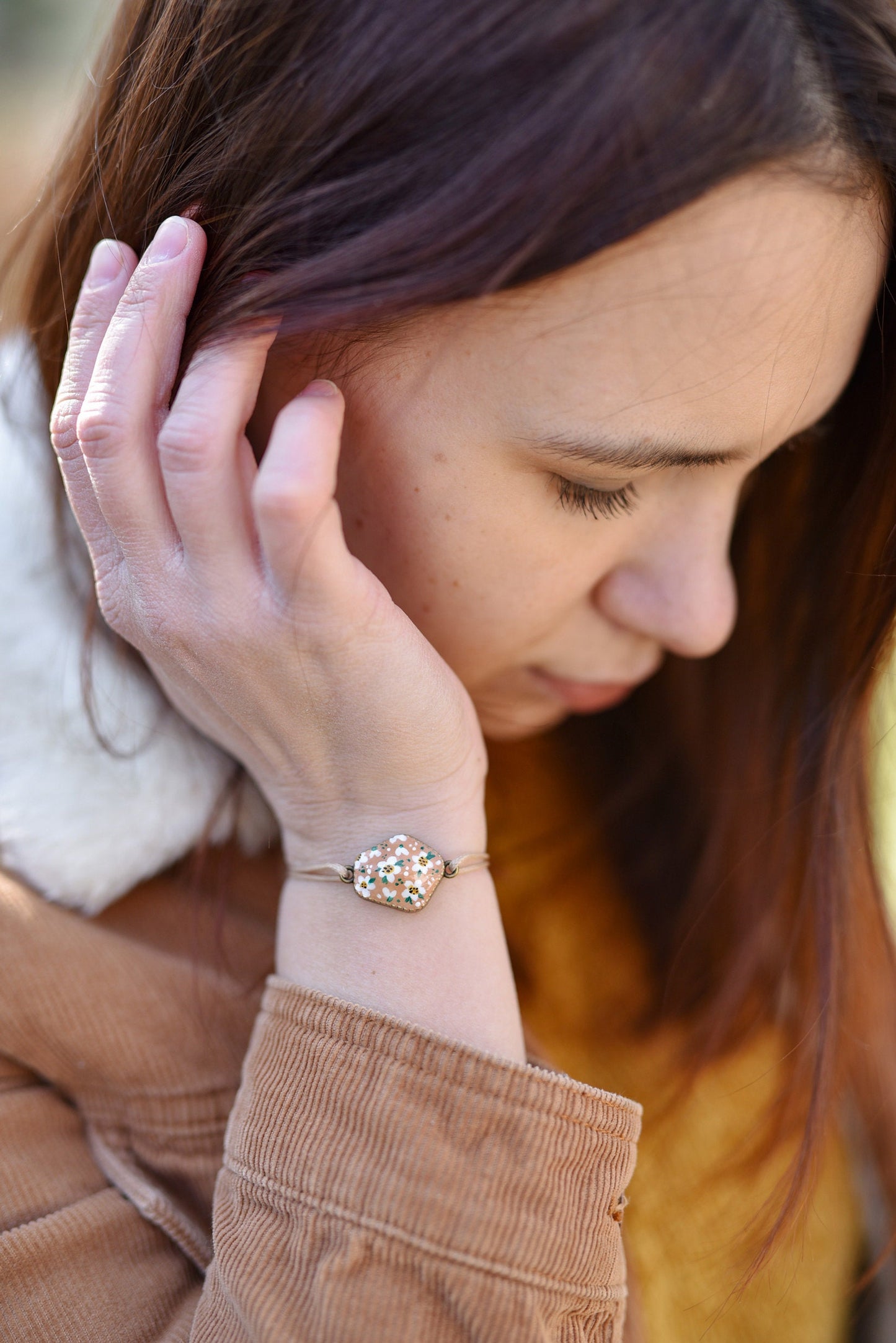 Handmade Floral Cabochon Bracelet: Adjustable Wax String